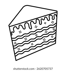 Slice of Layered Cake Outline Vector Illustration. A black and white vector illustration of a slice of cake featuring multiple horizontal layers.
