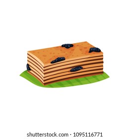 Slice of layered cake Quay Lapis with prunes on green leaf. Delicious Indonesian dessert. Oriental cuisine. Flat vector design for menu or flyer