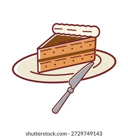 Slice of Layered Chocolate Cake on a Plate with Knife  Vector Illustration