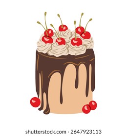 Ein Stück geschichteter Schokoladenkuchen wird mit Kirschen und Sahne bedeckt, auf transparentem Hintergrund. Ideal für Food-Illustrationen oder Dessert-Projekte.