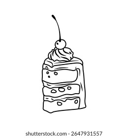 Uma fatia de bolo de chocolate em camadas é coberto com cerejas e creme, definido contra um fundo transparente Ótimo para ilustrações de alimentos ou projetos temáticos de sobremesa.