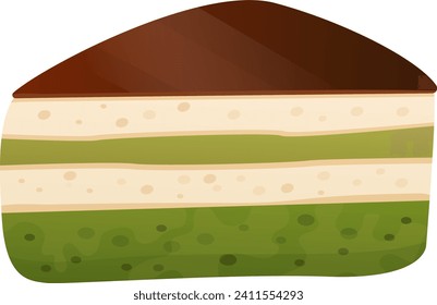 Slice of layered matcha cake with green tea flavor. Delicious dessert illustration.