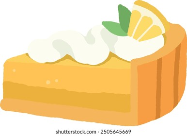 Slice of lemon cake cheesecake with buttercream and lemon slice on top vector illustration. Sour lemon pie icon vector isolated on a white background.