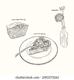 slice of lemon cake and custard earl grey pie with yellow ranunculus flower for cafe , hand draw sketch vector.