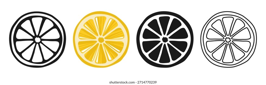 A slice of lemon. Cartoon style lemon slices symbol cartoon set. Bright fresh design perfect for logo, sign, icon, branding. Citrus fruit sign icon for summer, juice healthy lifestyle themes vector