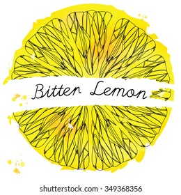 Slice Lemon. Citrus Fruit Texture. Sketch Frame. Ink Pen on Watercolor Yellow and Orange Sunny Background. Vector Illustration. Design Element. Grunge Style. Text.