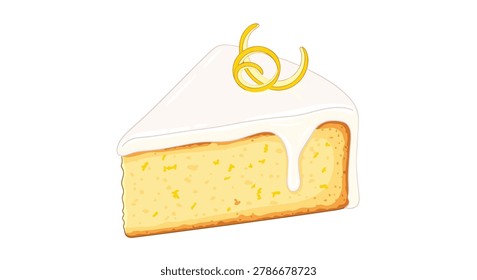 Slice of lemon drizzle cake with white icing and a lemon zest twist as a bright and refreshing citrus flavored dessert.
