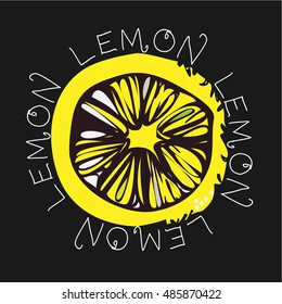 A slice of lemon in a frame of text. Black background. Simple and easy. Perfect for a logo or emblem. Vector. Illustration.