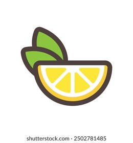 Slice of lemon with green leaves vector icon with black outline. Best for web, print, advertising, logo creating and branding design.