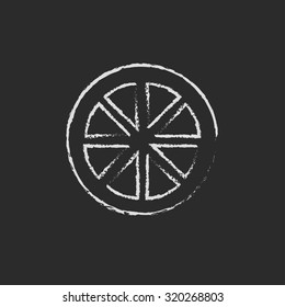 Slice of lemon hand drawn in chalk on a blackboard vector white icon isolated on a black background.