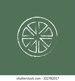 Slice of lemon hand drawn in chalk on a blackboard vector white icon isolated on a green background.