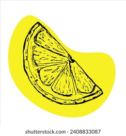 Slice of lemon, hand-painted on yellow spot. Sketch illustration of healthy citrus product isolated on white background.