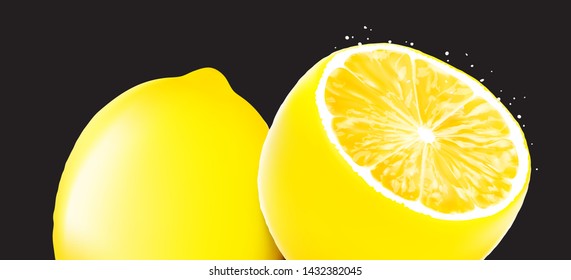 Slice of lemon with juicy drops isolated on black background.Vector illustration. Can be use for your design. ESP10.	