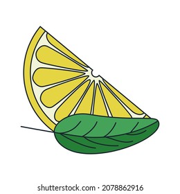 A slice of lemon with a leaf. Juicy delicious yellow citrus fruit. Vector illustration isolated on a white background for design and web.