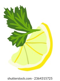 Slice of lemon with leaf of parsley. Vector isolated illustration.