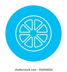 Slice of lemon line icon for web, mobile and infographics. Vector white icon on the light blue circle isolated on white background.