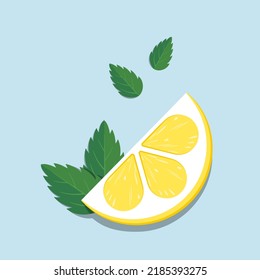 Slice of lemon and mint leaves flat illustration. Stylized flat vector elements in yellow, white and green colors. Best for web, print, advertising, logo creating and branding design.