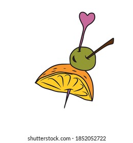 a slice of lemon and an olive on a toothpick. Vector Botanical illustration on a white background. For banners, postcards and stickers