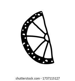 Slice of lemon or orange in doodle style on an isolated white background. Cooking, recipes, tools for the kitchen. Bakery set hand drawn. Stock vector illustration.