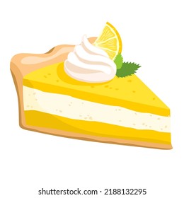 A slice of lemon pie with meringue and lemon slice. Lemon cheesecake. Vector illustration.