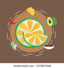 slice lemon taco chili pepper avicado mexican food, traditional celebration design vector illustration