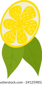 Slice of lemon with two green leaves isolated on white background. Citrus fruit and leaves vector illustration. Freshness and nature concept, healthy food ingredients vector illustration.