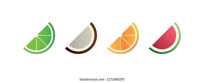  slice of lemon, watermelon and coconut. food. fruits and berries. vector illustration. set of icons. gradient