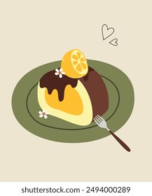 Slice of Lemon,Chocolate Roll Cake on a plate and Fork