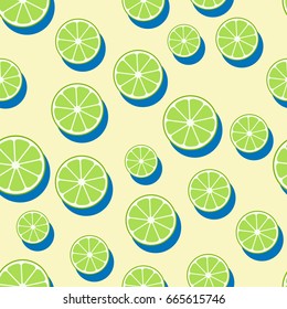 Slice lime, citrus white background. Tropical fruits. Raw and vegetarian food. Seamless pattern. Vector illustration.
