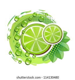 Slice of lime with leafs and drops of juice