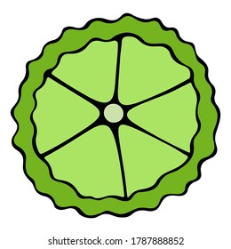 A slice of lime. Lemon mug. Colored vector illustration. Fruit for a refreshing cocktail. Snack. Part of a citrus fruit. Isolated white background. Cartoon style. Idea for web design, menu.