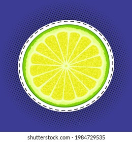 Slice of lime or lemon sticker on a purple violet pop art halftone background, black dots in the form of a circle , pins or patches, retro style, vector illustration