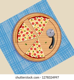 Slice margarita Pizza on the board and disc knife. Vector illustration. Colorful  flat style.