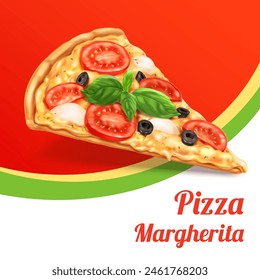 A slice of Margarita pizza on a bright background. Advertising poster