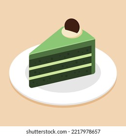 Trozo de tarta de matcha o pastel de té verde con chocolate en plato o plato. Delicioso postre dulce. Icono de comida isométrica. Ilustración vectorial de dibujos animados. Símbolo del elemento de dulces. Menú de café.