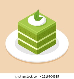 
Slice of matcha cake or green tea cake in cube shape on dish or plate. Delicious sweet dessert concept. Isometric food icon. Cute cartoon vector illustration element.  Symbol of sweets. Cafe menu.