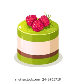 Slice of matcha dessert panna cotta with fresh raspberry isolated on a white background.	
