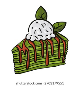 fatia de bolo de panqueca matcha com várias camadas finas de verdes, coberto com sorvete e grelhado com xarope de baga vermelha. ilustração de cor com contorno preto para menu, barras de sobremesa, pratos doces