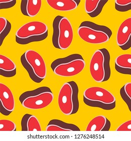Slice meat pattern seamless. pork on bone background. Piece of Beef beefsteak ornament