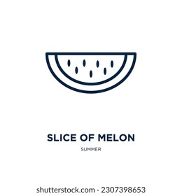 slice of melon icon from summer collection. Thin linear slice of melon, slice, melon outline icon isolated on white background. Line vector slice of melon sign, symbol for web and mobile