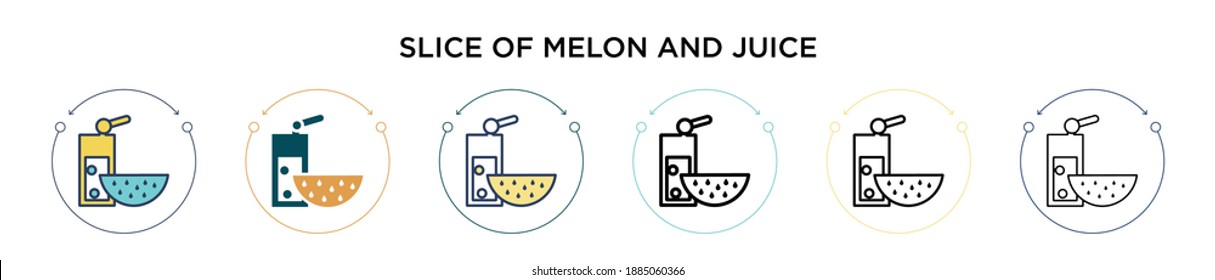 Slice of melon and juice icon in filled, thin line, outline and stroke style. Vector illustration of two colored and black slice of melon and juice vector icons designs can be used for mobile, ui,