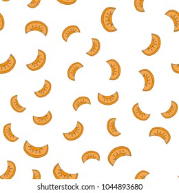 Slice of melon seamless pattern. Sliced honeydew with seeds flat vector on white background. Ripe sweet vegetables cartoon illustration for wrapping paper, prints on fabric, greeting cards design