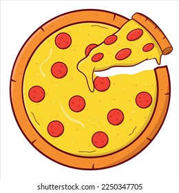 Slice of Melted Cheese Pepperoni Pizza, vector flat illustration