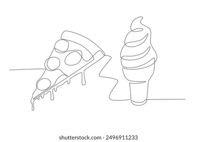 A slice of melted pizza and ice cream. Fast food concept one-line drawing