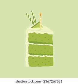 Slice of mint pistachio cream cake with candle on top of it on isolated background. Birthday cake.Happy birthday.Vector illustration.
