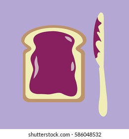 Slice of modern & clean bread or toast with a purple Blueberries Jam flat design isolated. Knife near a spreading a slice of bread vector illustration 