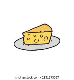 Slice of one yellow delicious cheese  on a plate, hand drawn outline illustration. Part of meal made from milk logo drawing. Cute cartoonish tasty food outline graphic design. Breakfast ready to eat.