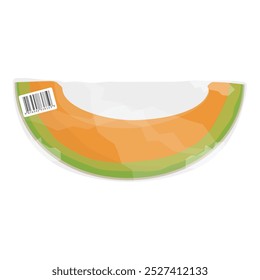 Scheibe orangefarbener Kantaloupe-Melonenfrucht in Plastikfolie einzeln auf weißem Hintergrund. Vektorgrafik