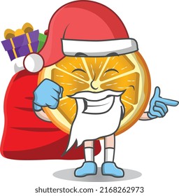 Slice Orange cartoon mascot character in Santa costume with candy