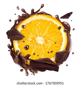 Slice of orange with chocolate pieces and splashes.